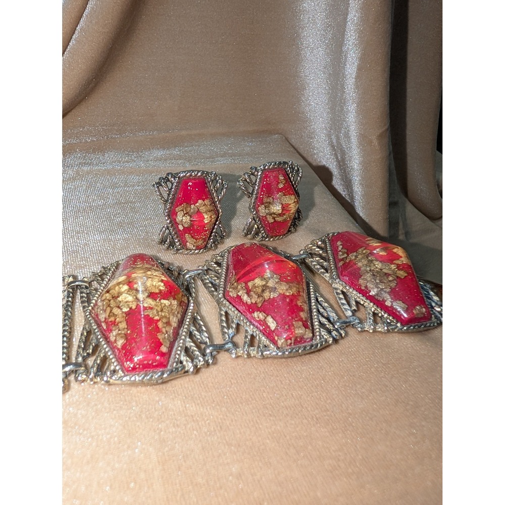 Vintage Selro Selini Red Gold Flake Bracelet Clip On‎ Earrings Set MCM Jewelry